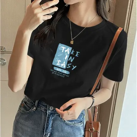 纯棉美式t恤女小众不撞款上衣2023夏短袖显瘦正肩黑色打底衫体恤商品大图