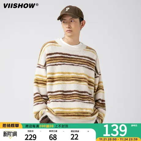 VIISHOW圆领条纹毛衣秋冬款长袖上衣宽松男款023新款套头针织线衣商品大图