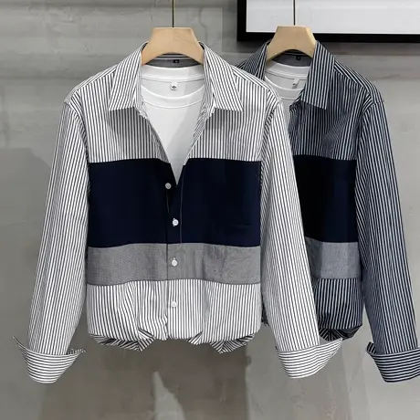 拼接条纹衬衫男款春秋季长袖衬衣个性工装寸衫外套宽松休闲上衣潮商品大图