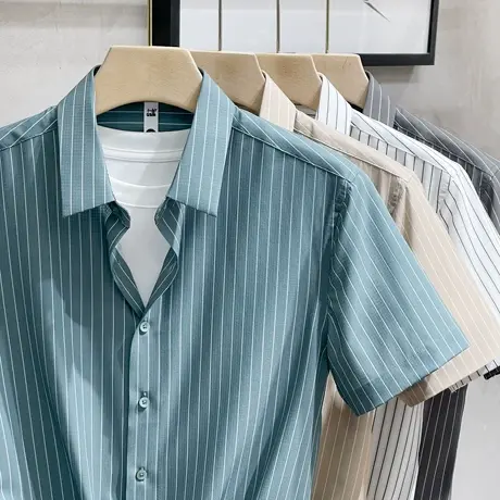 男士衬衣商务正装高级感潮牌男装条纹上衣冰丝衬衫男短袖夏季薄款商品大图