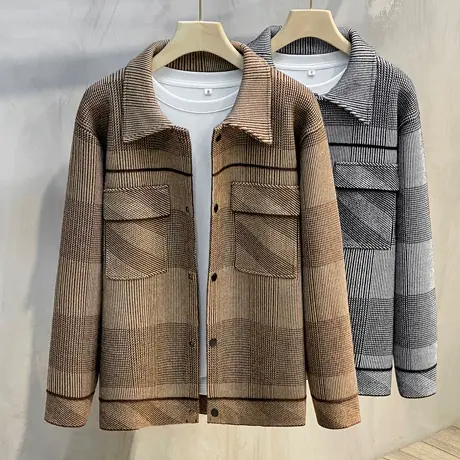 秋冬男士夹克外套翻领毛呢上衣针织宽松条纹时尚潮流呢子大衣男图片