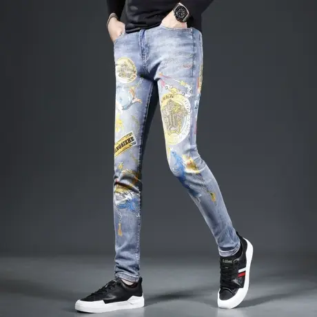 高端印花牛仔裤男款潮牌潮流修身小脚裤2023新款浅蓝色潮流男裤子商品大图