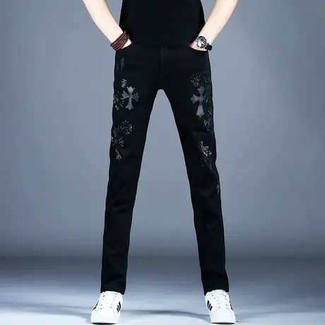 刺绣黑色牛仔裤男款美式高街裤子潮流男秋冬小脚修身休闲裤弹力商品大图