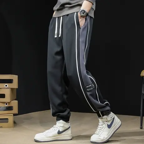 春季条纹运动裤子男士宽松哈伦男裤潮牌大码春秋休闲裤男束脚卫裤商品大图