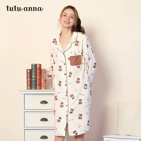 tutuanna睡裙女家居服日系韩版小熊满印前扣可爱可外穿长袖睡裙女图片