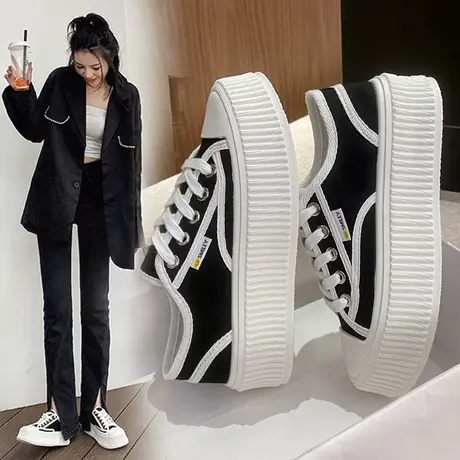 帆布鞋女厚底饼干鞋2024年新款小香风女鞋百搭休闲板鞋松糕小白鞋商品大图