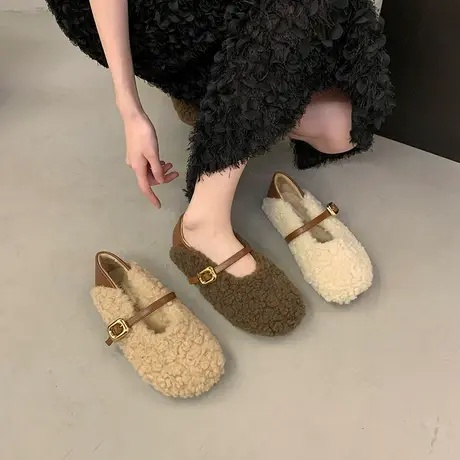 复古圆头豆豆鞋女秋季2023新款配裙子扣带浅口鞋子绒面轻便孕妇鞋商品大图