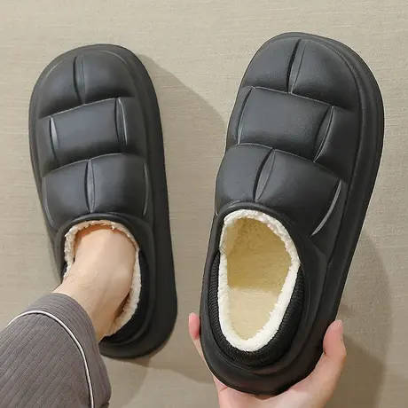 男士棉拖鞋冬季防水包跟室内家居厚底防滑保暖毛绒可外穿棉鞋男款商品大图