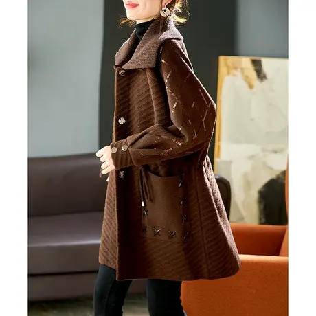 宝诗黎翻领亮片抽绳针织开衫外套女中长款2023冬季新款美拉德上衣图片