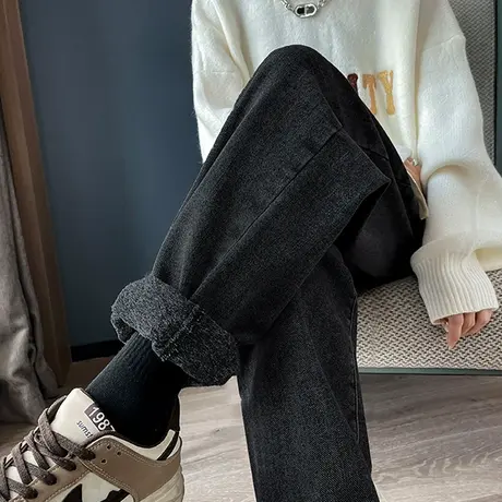 高腰老爹牛仔裤女2023年新款秋冬季加绒加厚宽松保暖哈伦萝卜裤子图片