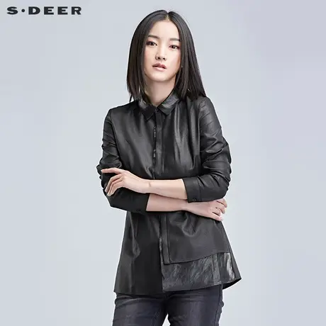 sdeer圣迪奥酷感纯黑仿皮圆摆衬衫S16480510图片