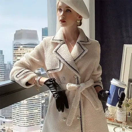 【直播】粉红大布娃娃优雅气质小香织带收腰皮草大衣商品大图