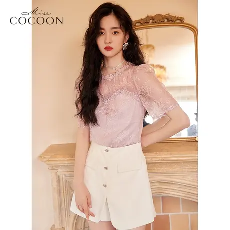 missCOCOON法式短袖蕾丝上衣女2023新款夏季显瘦拼接时尚洋气小衫商品大图