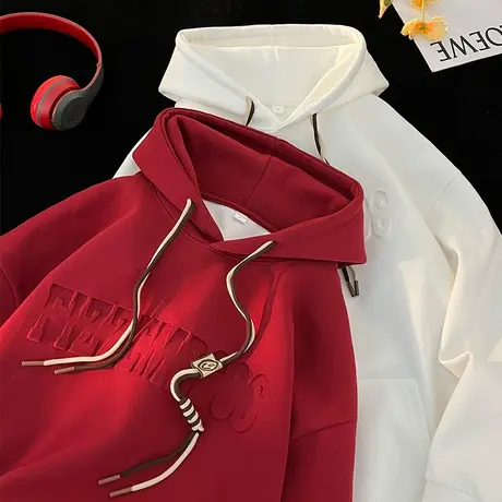 字母钢印连帽纯棉卫衣男春秋季2024新款美式潮牌加厚加绒情侣外套商品大图