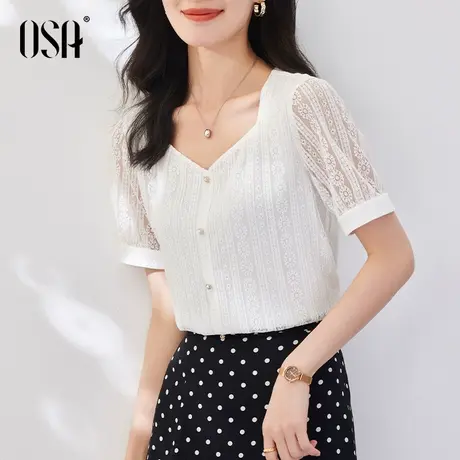 OSA欧莎白色方领短袖衬衫女夏季2022年新款薄款法式衬衣蕾丝上衣商品大图