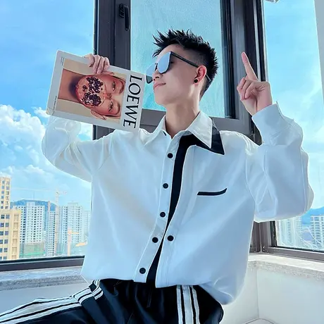 长袖衬衫个性春秋季拼色高级感潮牌宽松上衣休闲发型师假两件衬衣商品大图