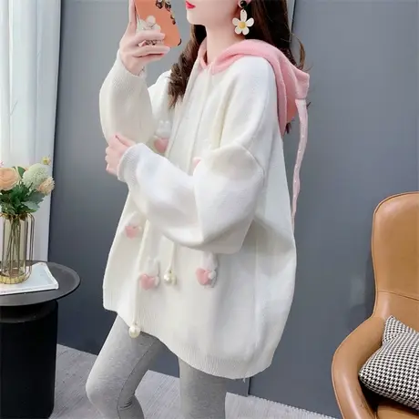 设计感甜美小兔连帽毛衣女套头2023新款秋冬宽松洋气减龄针织上衣商品大图