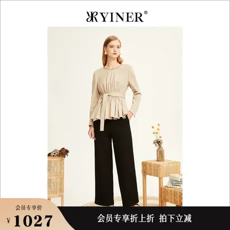 YINER音儿女装冬季法式优雅钉珠收褶亮丝羊毛小蛮腰针织衫商品大图