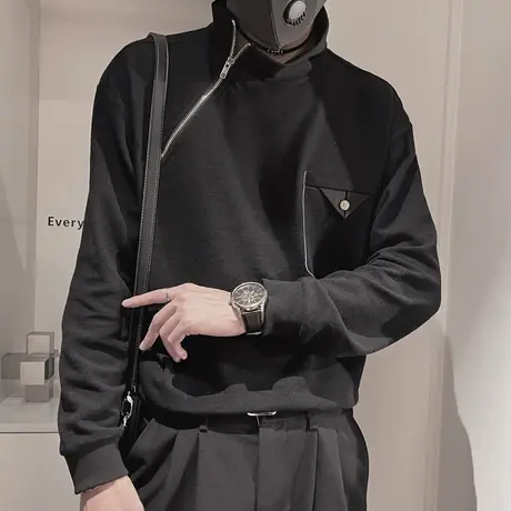 秋季高领卫衣潮牌个性拉链痞帅高级感发型师长袖打底T恤内搭上衣商品大图
