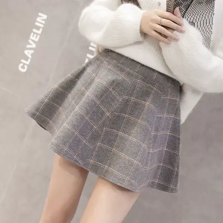格子a字半身裙女2023秋冬新款百褶裙高腰外穿毛呢短裙蓬蓬裙伞裙图片