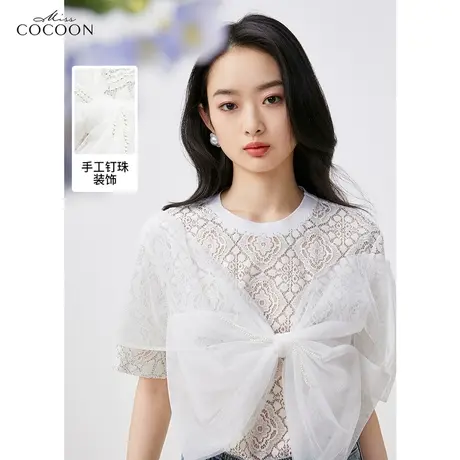 MISSCOCOON蝴蝶结短袖t恤女2023新款夏季小众设计感洋气蕾丝上衣图片