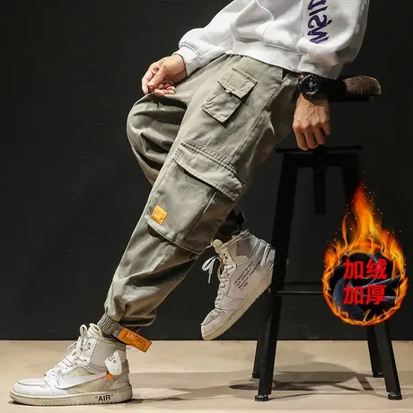 秋冬季魔术贴工装裤男加绒潮牌大码宽松休闲长裤束脚韩版潮流裤子商品大图