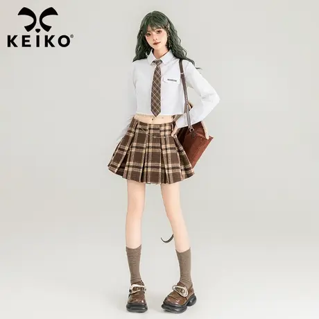 KEIKO [赠领带]美式学院短款衬衫春夏设计感甜辣妹露脐上衣jk制服图片