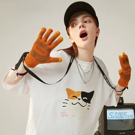 潮流绒布刺绣可爱猫咪圆领短袖T恤男夏季潮牌ins复古情侣夏装半袖商品大图