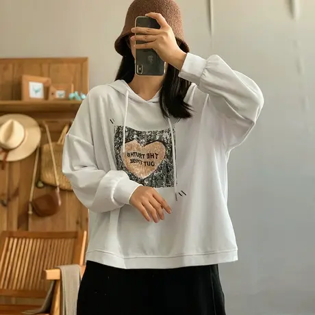 dza 复古白色纯棉爱心连帽T恤女早春新款内搭打底衫休闲宽松上衣商品大图
