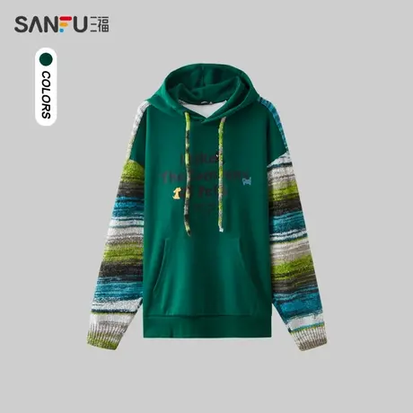 三福2024春季男士毛织拼接插肩袖卫衣 趣味休闲连帽上衣482560商品大图