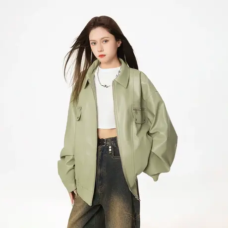 街头潮牌纯色皮衣外套女春秋2024新款复古机车风PU皮夹克宽松上衣商品大图