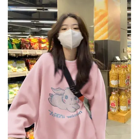 粉色圆领卫衣女春秋薄款小个子艺术生港味chic宽松休闲上衣外套潮图片