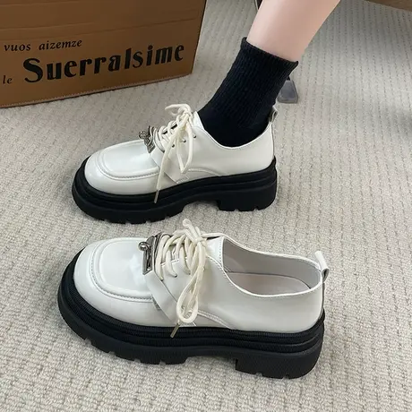 乐福鞋女2023秋冬新款单鞋英伦风圆头系带锁扣松糕厚底休闲小皮鞋商品大图