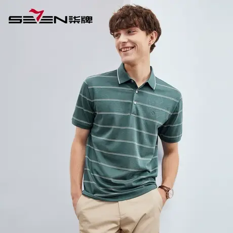 【亚麻】柒牌男士polo衫短袖夏季薄款时尚条纹提花休闲翻领T恤衫图片
