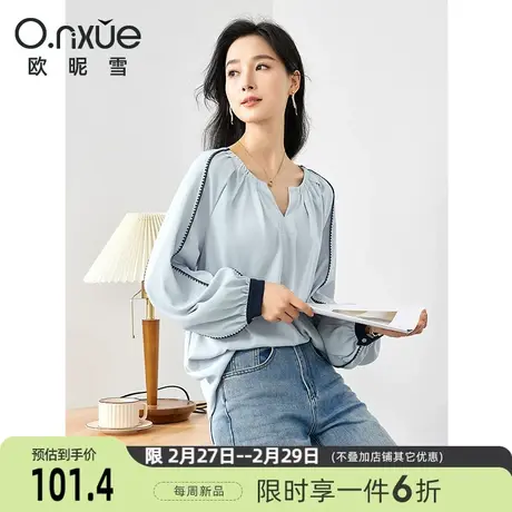 欧昵雪2024春季新款简约V领插肩袖小众套头上衣女长袖直筒设计感商品大图