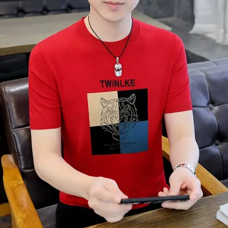 冰丝圆领短袖t恤男士薄款虎头烫钻针织百搭体恤夏装半袖打底衫男T商品大图