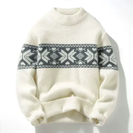 圆领毛衣男士2022秋冬加厚新款长袖打底针织毛衣提花潮流青年线衣商品大图