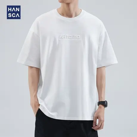 hansca 黑色纯棉短袖t恤男宽松大码夏季美式休闲潮流百搭印花体恤商品大图