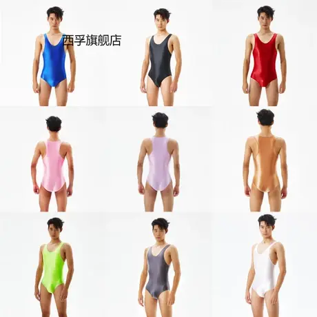 男士囊袋油亮光泽丝滑连体衣紧身性感欧美大码7085图片