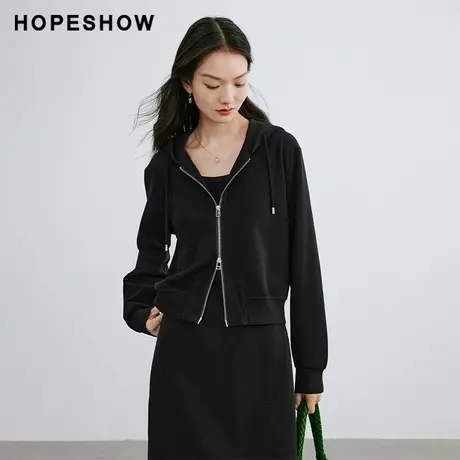 红袖落肩双拉链连帽卫衣女hopeshow2024春季新款黑色通勤休闲外套图片