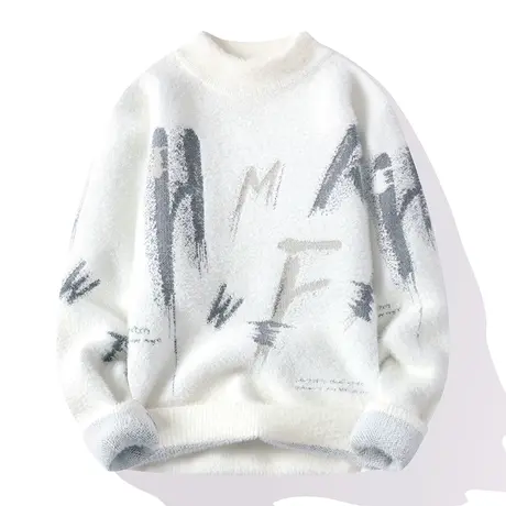 水貂绒毛衣男士秋冬季潮牌针织打底衫加绒加厚冬装上衣保暖线衣服商品大图