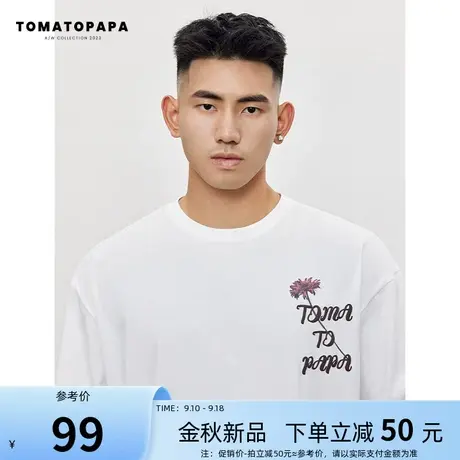 TOMATOPAPA秋季长袖T恤新款高街潮牌棉体恤玫瑰印花情侣打底上衣商品大图