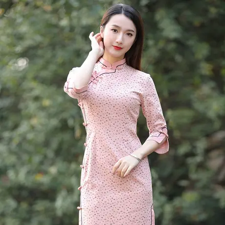粉色旗袍年轻款少女改良旗袍连衣裙短袖民国夫人聚会出门日常女装商品大图