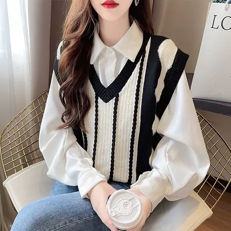 设计感小众叠穿V领条纹针织马甲背心女秋装2023外搭宽松毛衣马夹图片