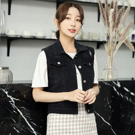 牛仔马甲女短款修身韩版潮显瘦春秋无袖外套背心大码马夹黑色9-1商品大图