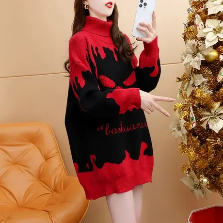 慵懒风高领毛衣女中长款打底衫秋冬2022新款洋气减龄宽松加厚上衣图片