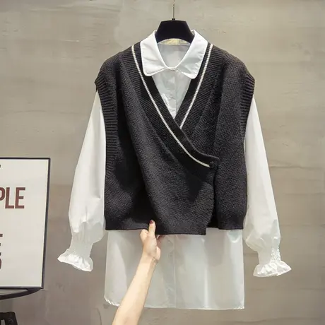 v领短款针织马甲背心衬衫两件套2023秋装新款马夹上衣毛衣坎肩潮商品大图