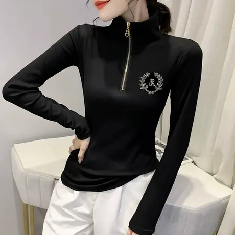时尚立领拉链T恤女装洋气显瘦上衣修身百搭内搭打底衫女长袖春秋图片