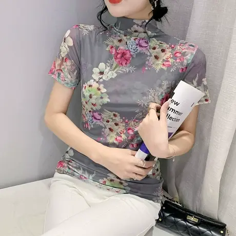 半高领网纱T恤女短袖2023春装新款妈妈装气质印花漂亮上衣小衫ins商品大图