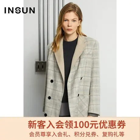 恩裳商场同款冬季都市直筒格纹西装领毛呢外套女中长款商品大图